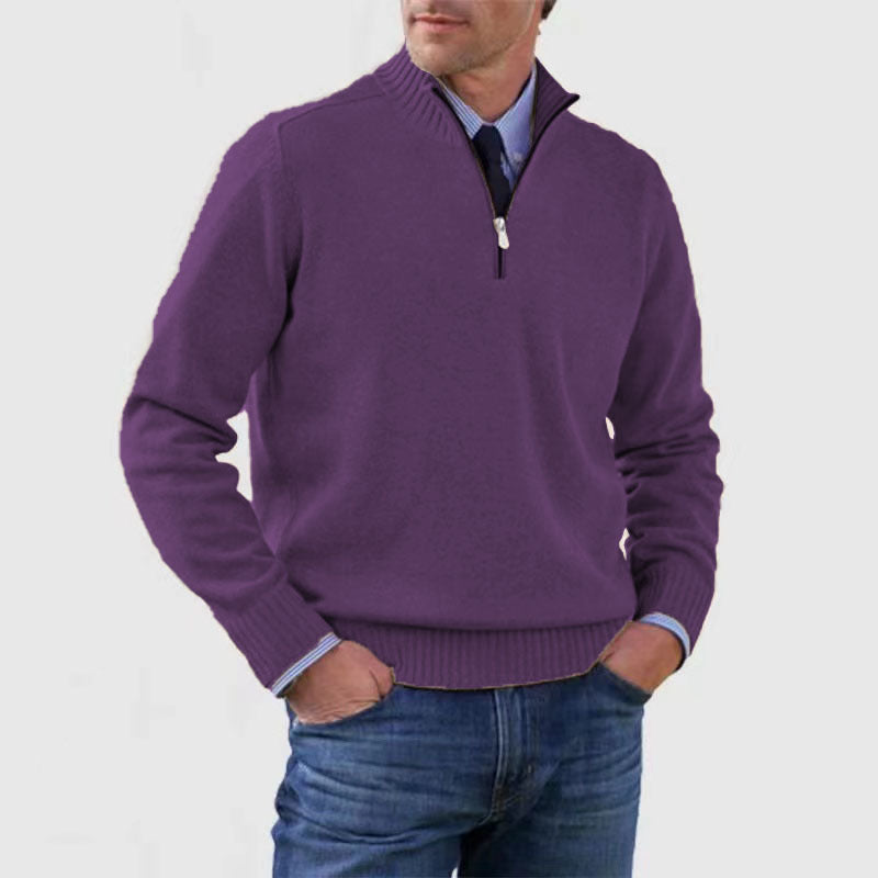 Sweater til mænd med lynlås og opretstående krave Vintermode Ensfarvet Strikket Langærmet Top Tøj