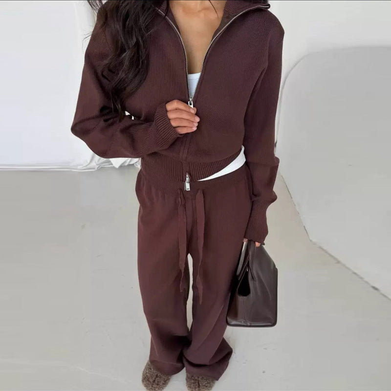 Solid-color Slim-fit Cropped Top And Slim-fit Knit Pants Two-piece Set