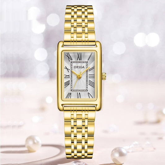 Fashionable Womens Square Steel-Strap Quartz Watch