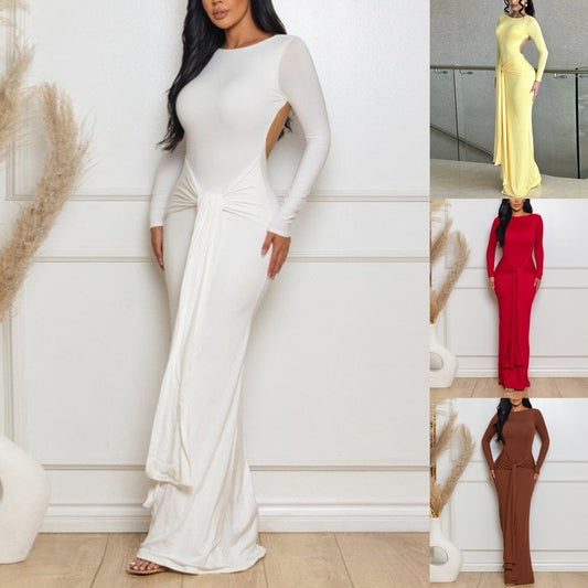 Autumn New Solid Color Long-Sleeve Elegant Waist-Cinching Backless Dress For Women