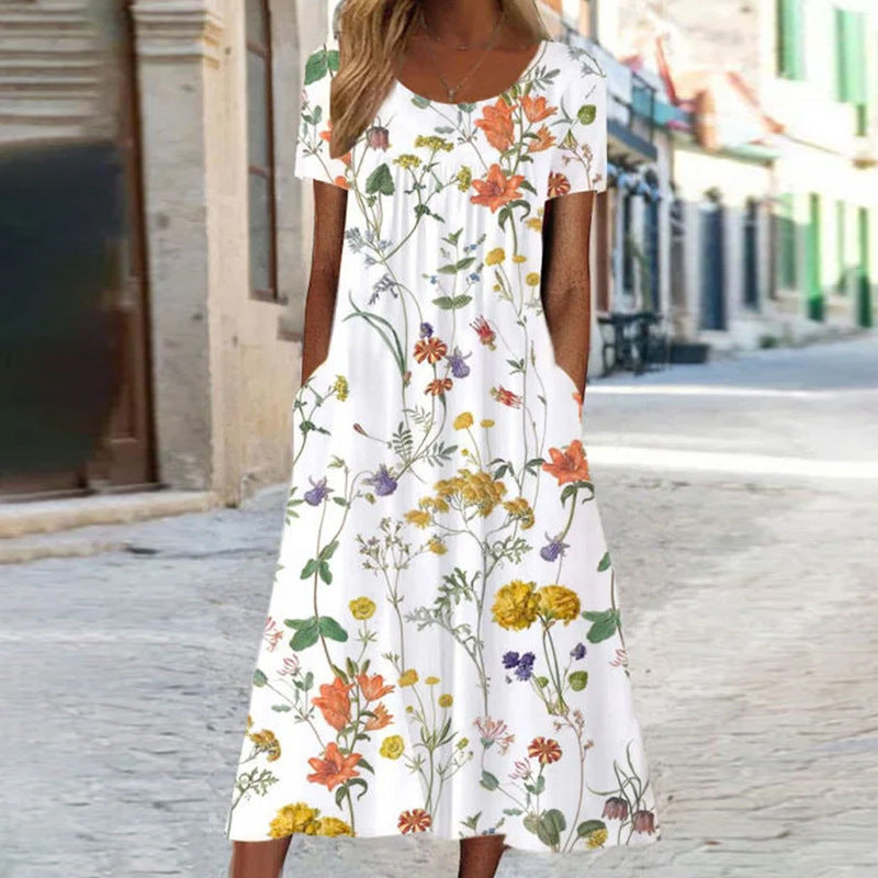 Spring And Summer Women's Elegant Large Swing Round Neck Printed Short Sleeve Dress