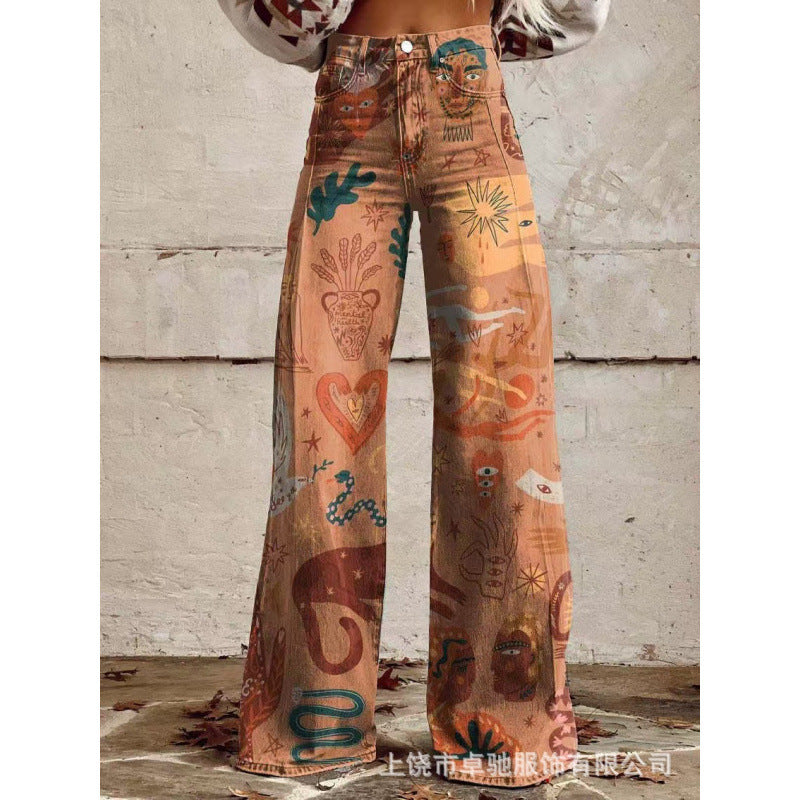 Thermal Transfer Bell-bottom Pants Simulation Denim Trousers Loose Pants