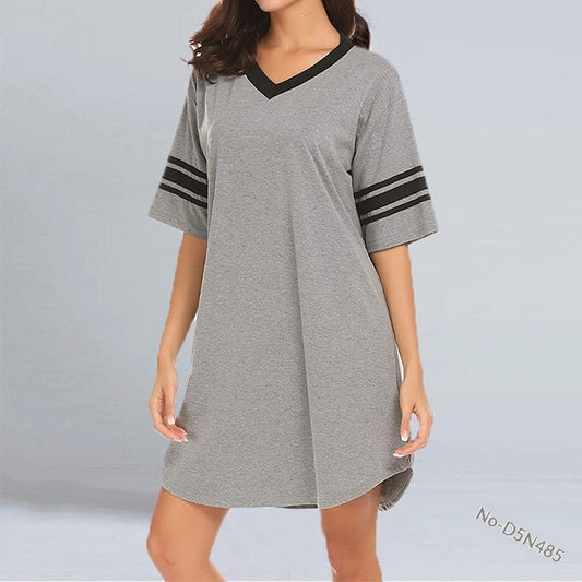 Stylish Color-Block V-Neck Long Casual Irregular Womens T-Shirt For Home Wear