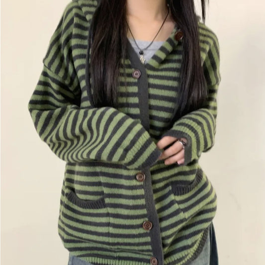 Hooded Single-breasted Knitted Cardigan Loose Sweater Coat