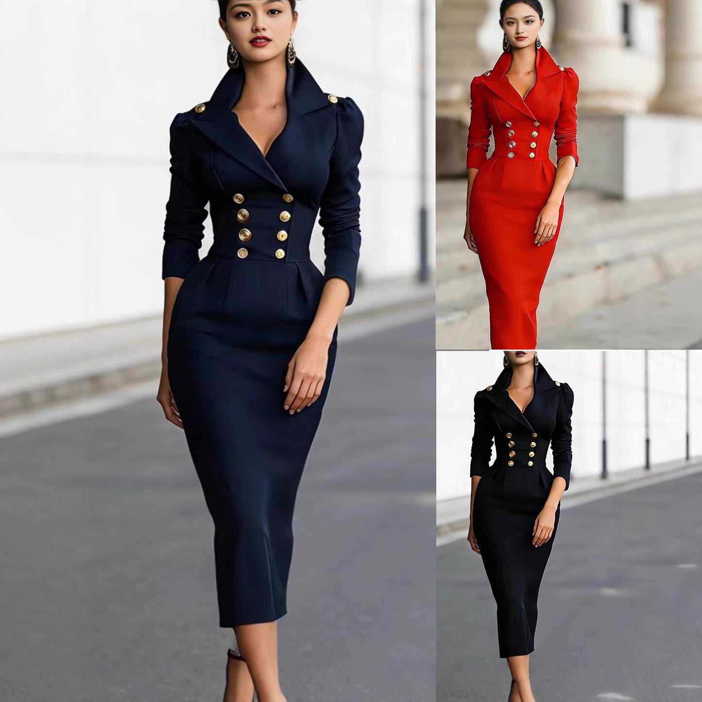 Elegant High-waisted Figure-flattering Dress Long-sleeve Midi Dress For Women