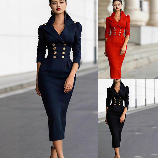 Elegant High-waisted Figure-flattering Dress Long-sleeve Midi Dress For Women