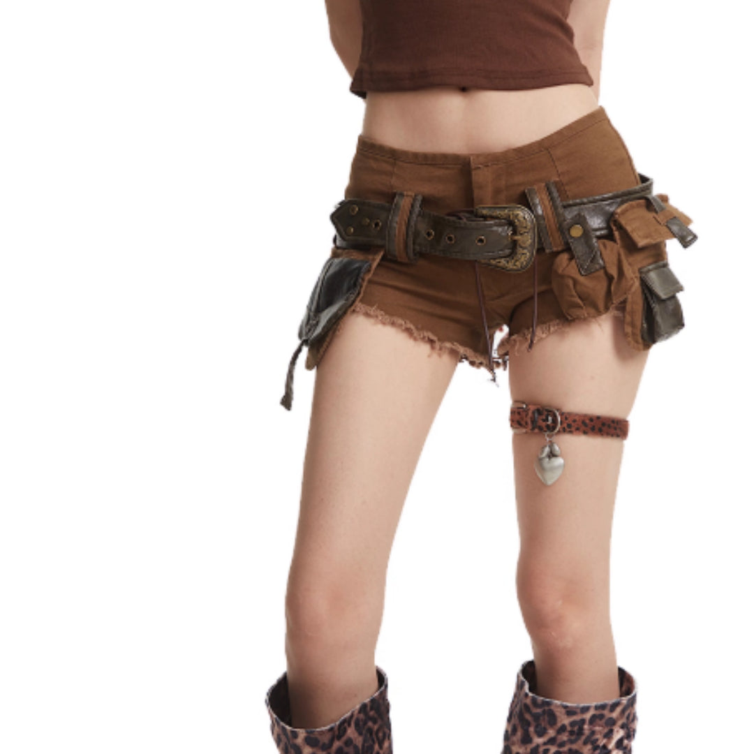 Women's Washed Denim Shorts In Military Green With A Stylish Belt