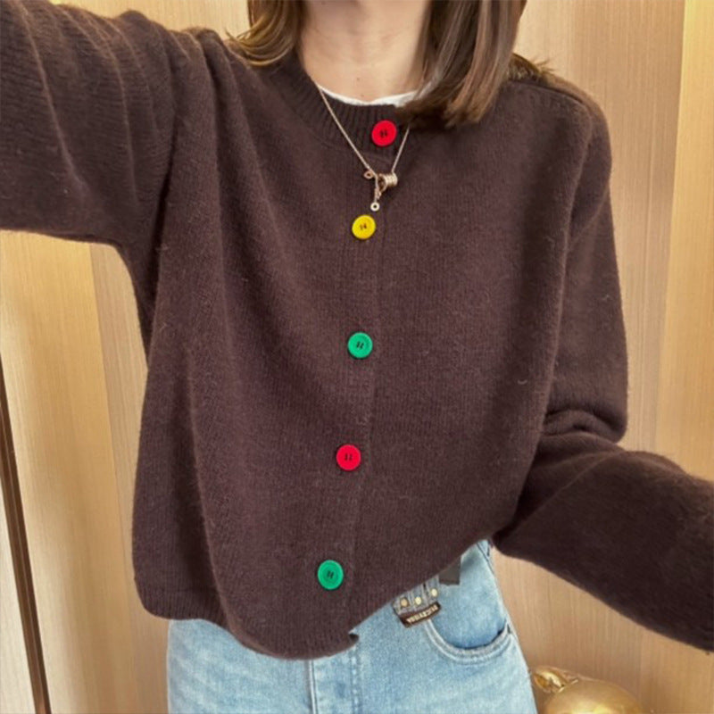 Korean-style Age-reducing Rainbow Single-breasted Round Neck