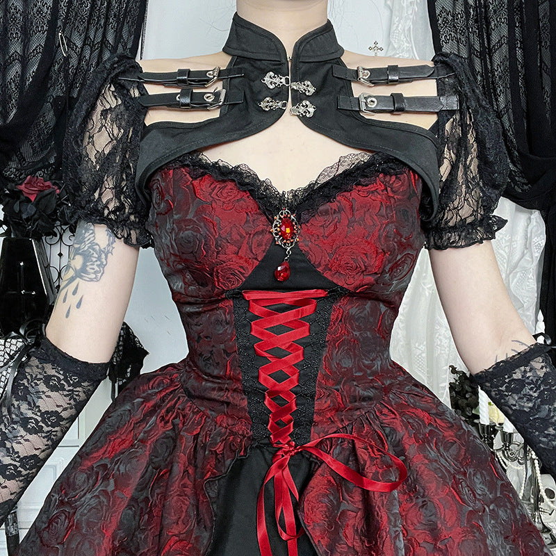 Gothic Black And Red Jacquard Dress