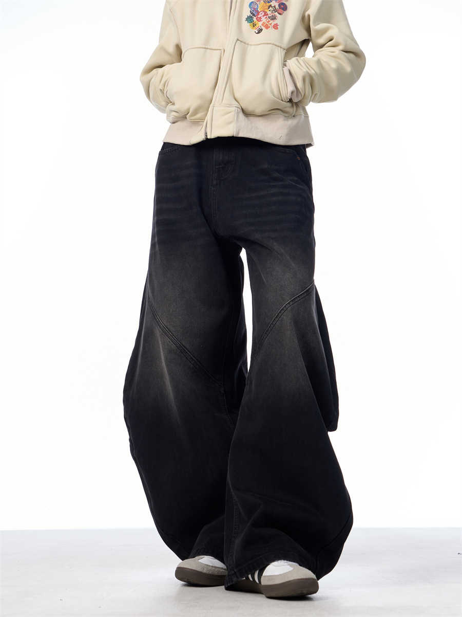 Retro Sorte Jeans til Kvinder, Løse Bukser med Lige Vide Ben