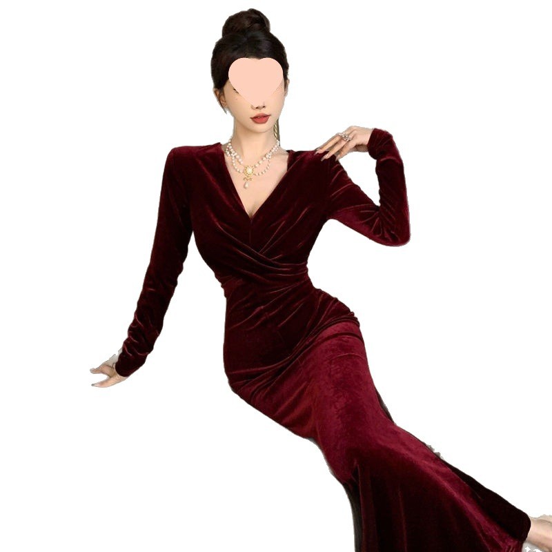 Red SpringAutumn Velvet Dress Velvet Gown