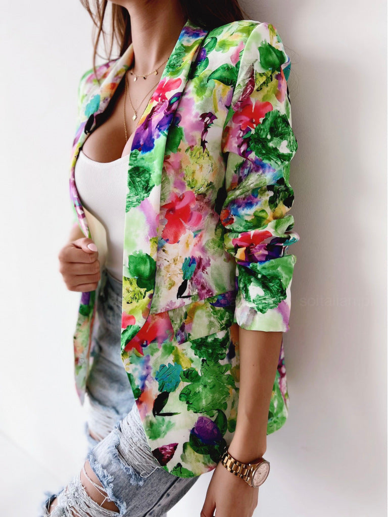 Digital Printing Long Sleeve Lapel Floral Slim Fit Women's Jacket