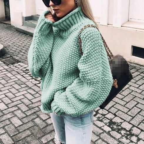 Curled High Neck Bat Sleeve Knitted Sweater