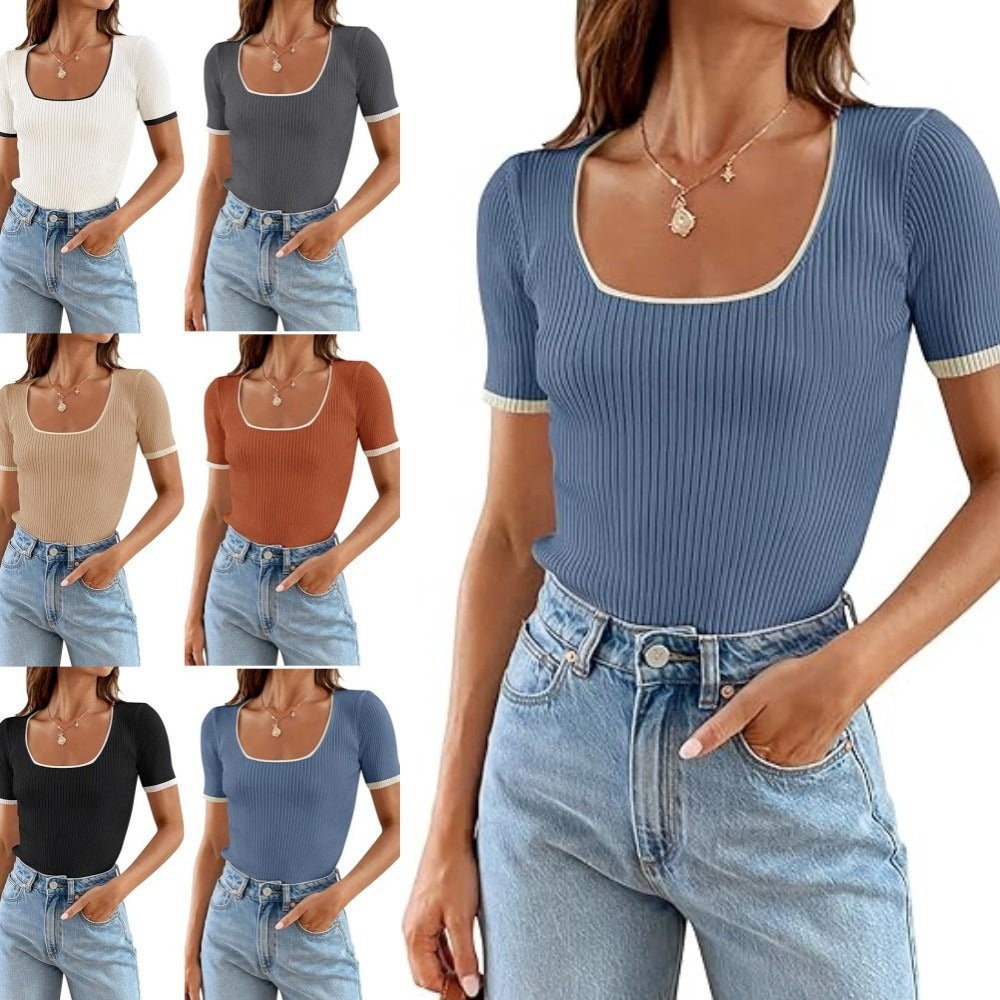 Square Collar Basic Short Sleeve T-shirt Casual All-matching Tops