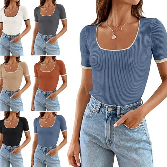 Square Collar Basic Short Sleeve T-shirt Casual All-matching Tops