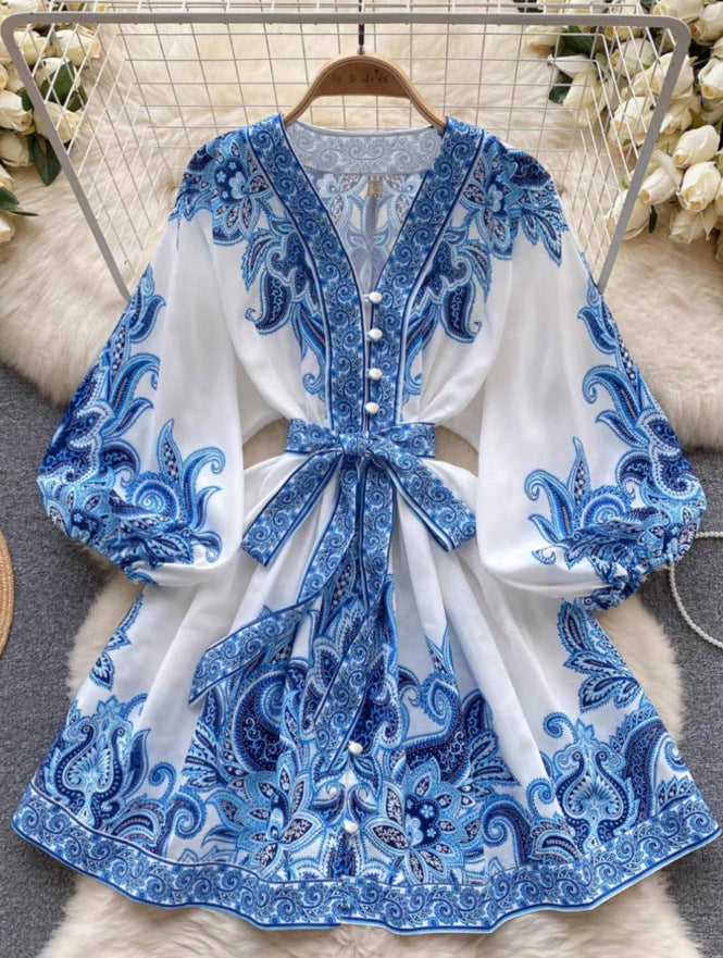 Summer Fashion Mid-Sleeve Lace-Up Floral Dress