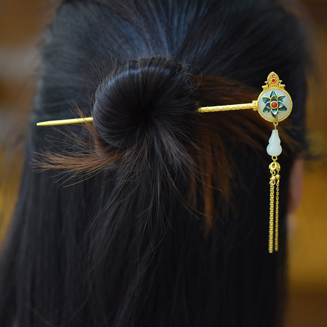 Hetian Jade S925 Sølvønske-Hårnål Højkvalitets Emalje Syd Rød Cheongsam Hanfu Hårspænde