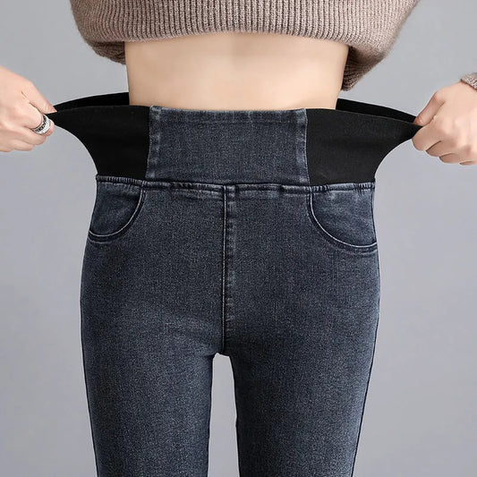 Womens High-waisted Skinny Jeans With A Stretchy Elastic Waist And Cozy Fleece Lining