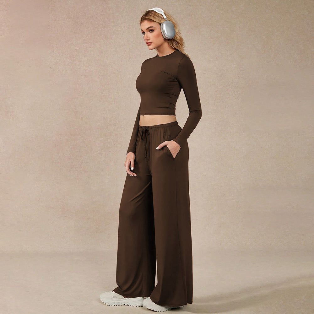 Womens Long-sleeve Cropped Midriff-baring Top And Wide-leg Casual Pants Set