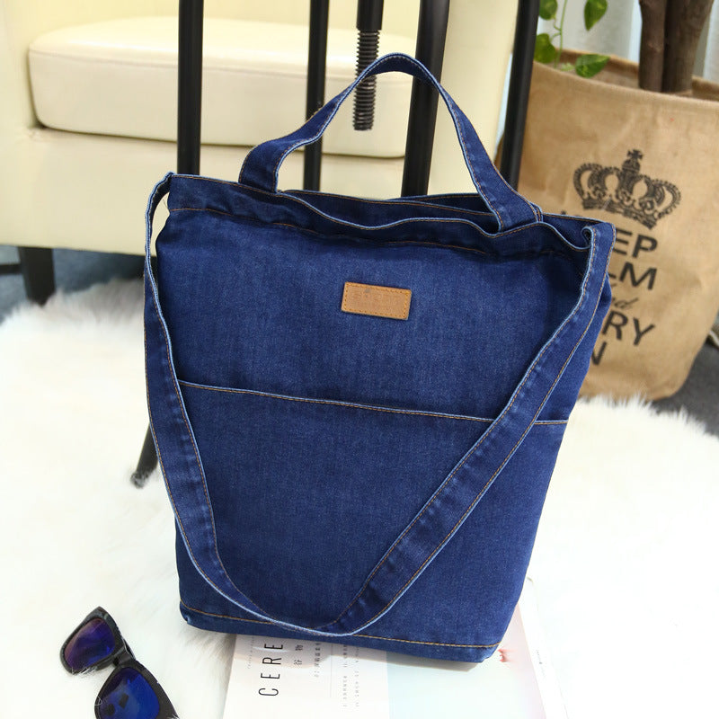 Retro skuldertaske i kanvas og denim til shopping