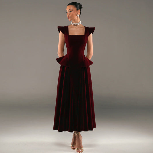 Womens Sexy Square-Neck Slim-Fit Midi Dress