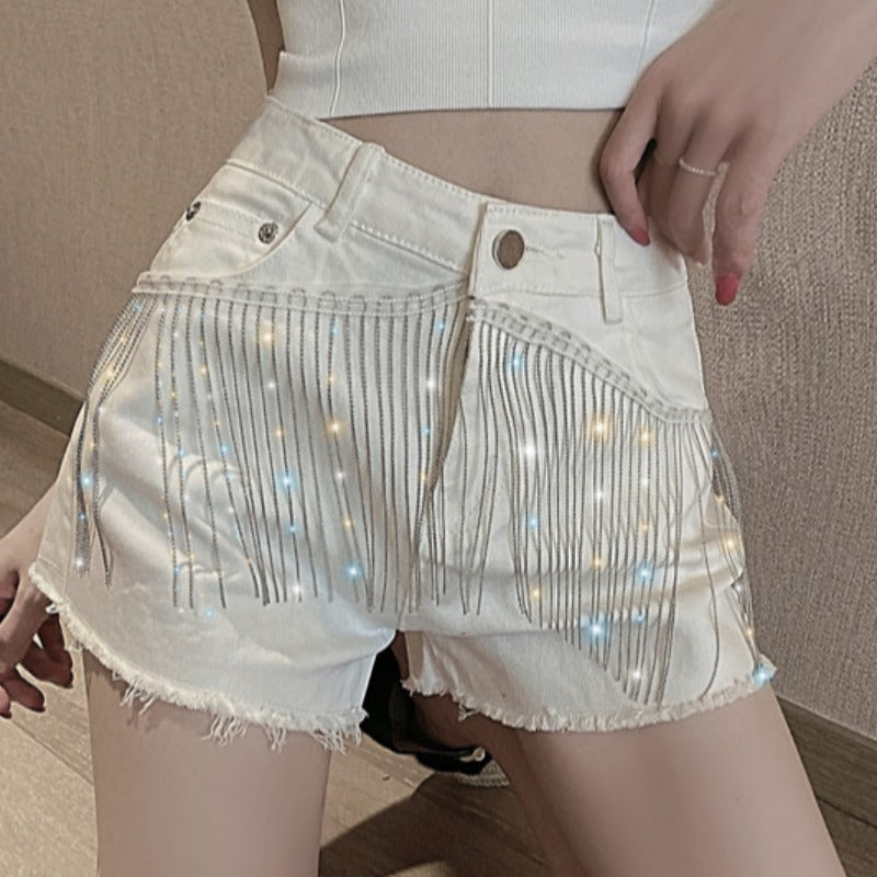 High Waist Denim Shorts Thin Black Chain Tassels