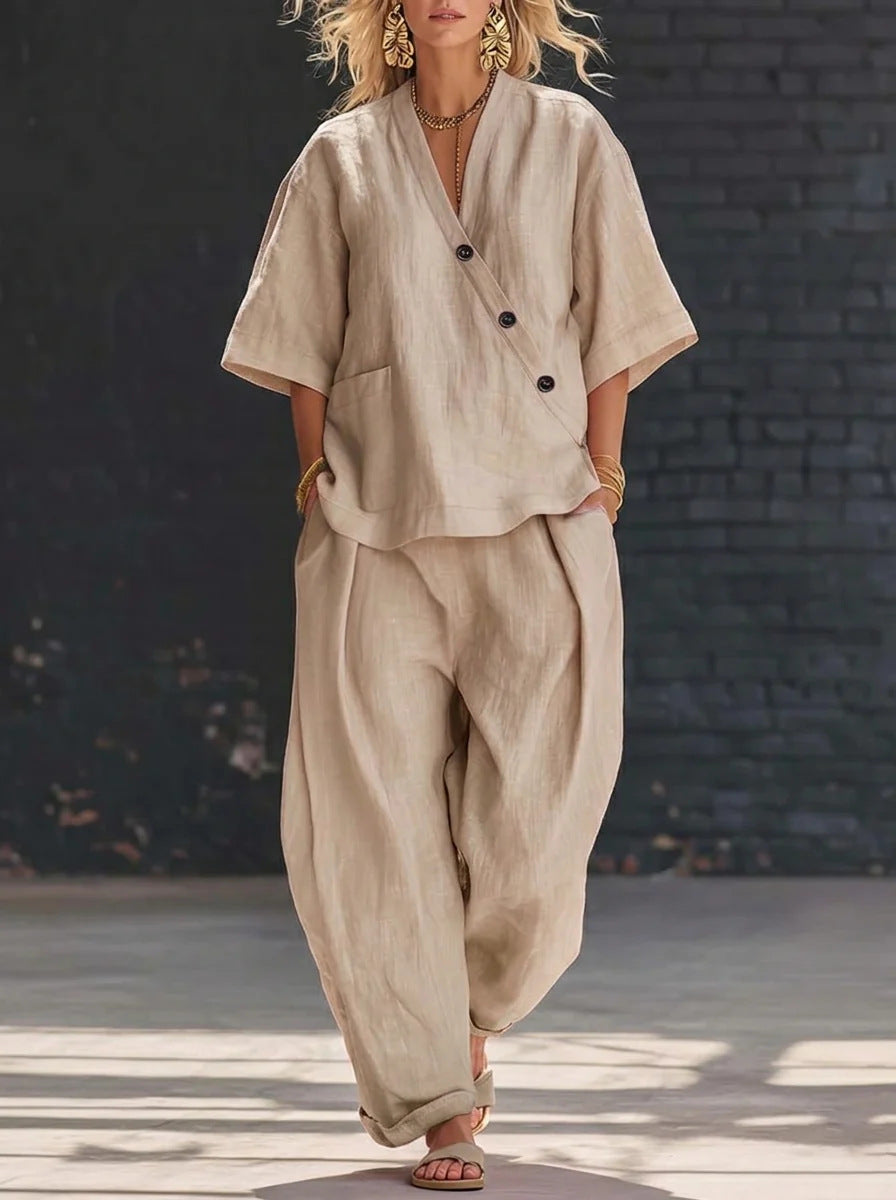 V-neck Loose-fit Short-sleeve Top And High-waist Trousers Two-piece Set
