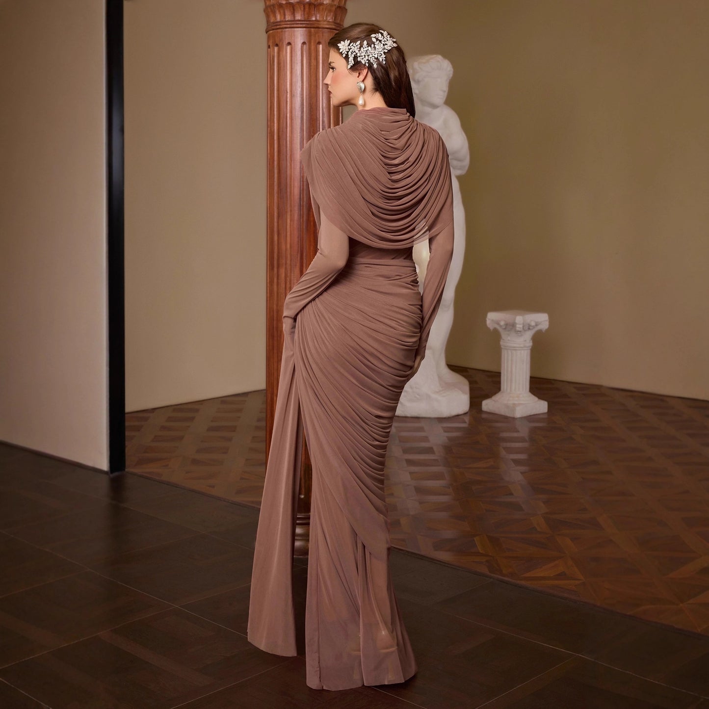 New Stylish Chiffon Wrap Dress With A Pleated Cinched Waist And Long Sleeves