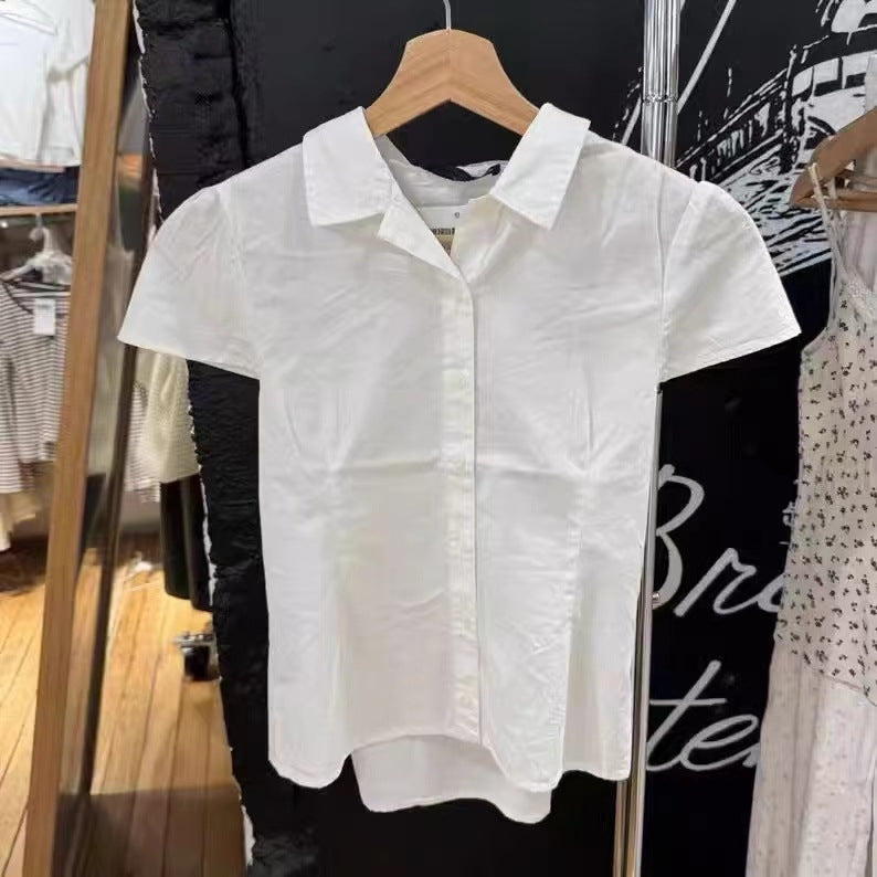 BM Style White Lace-up Waist Polo Collar Button Shirt