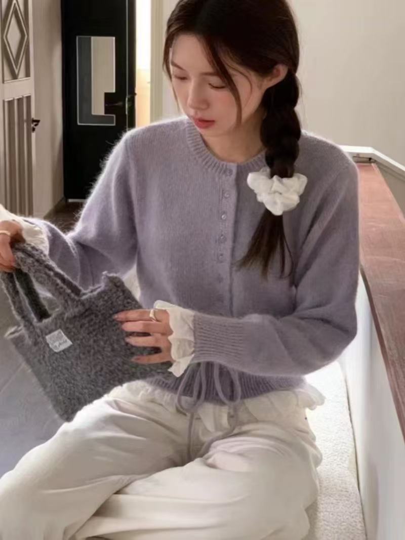 Womens Solid-Color Defined-Waistline Lace-Patchwork Sweater