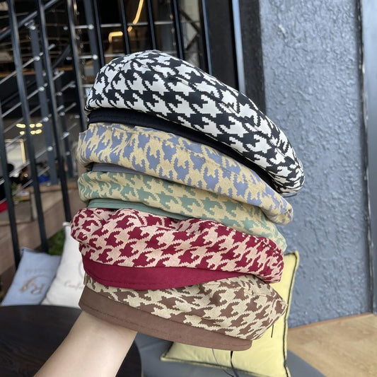 Women's British Style Houndstooth Plaid Flat Top Beret