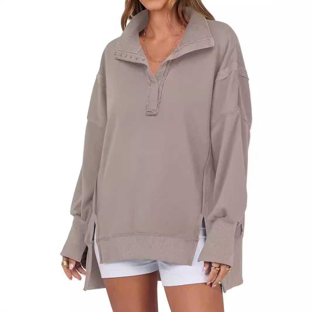 Decorative Moulding Design Blouse Split Lantern Sleeve Polo Collar Sweatshirt