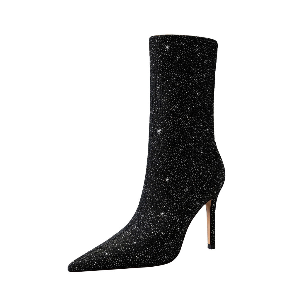 Shining Fabric Thin Skinnys Women's Stiletto High Heel Stretch Ankle Boots