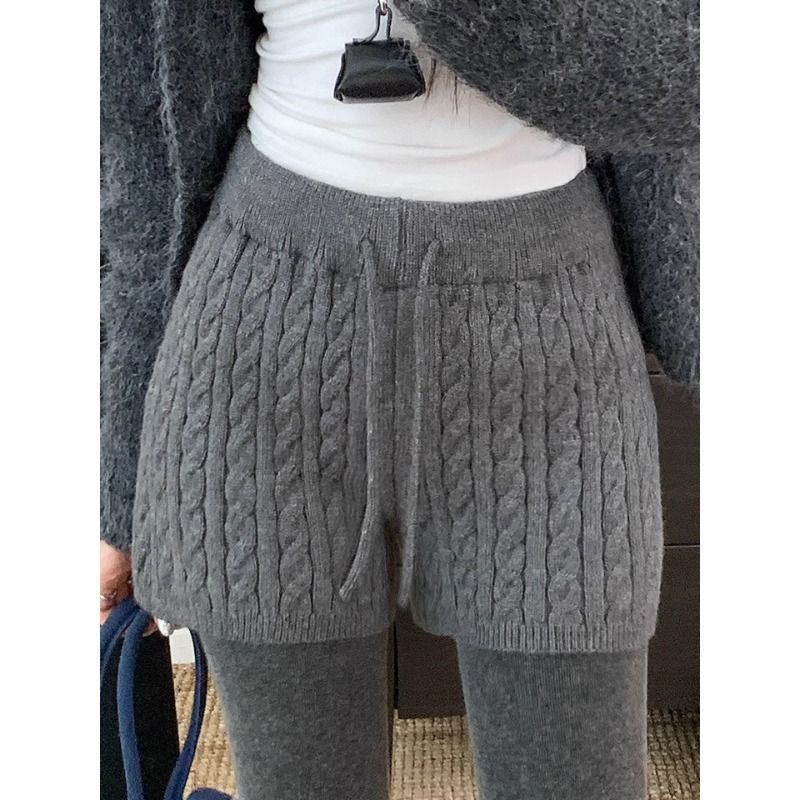 Retro Minimalist Cable-knit Linen Shorts With Elastic Waist