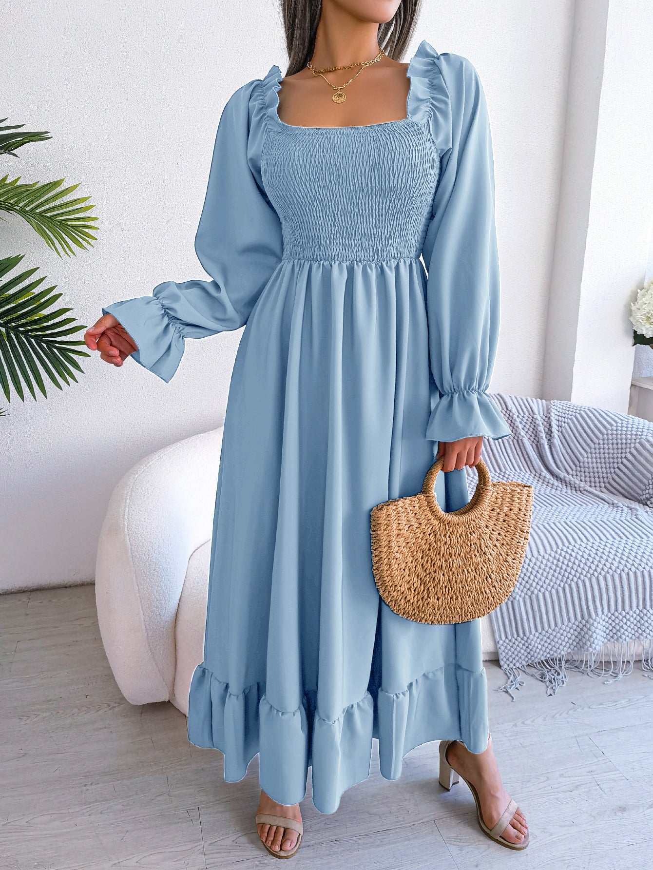 Women's Casual Square Neck Bell Sleeve Flowy Ruffle Maxi Dress