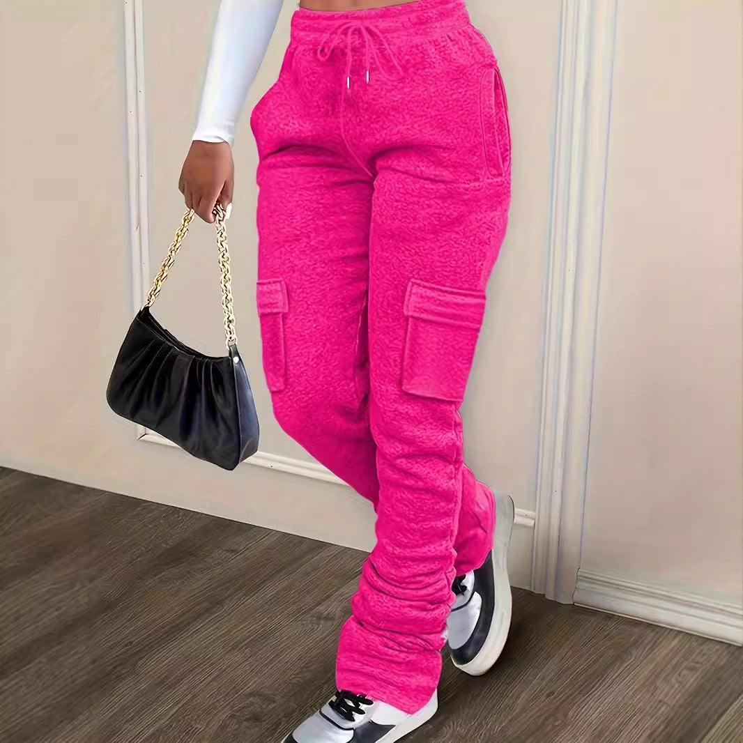 Pure Color Thickened Sweater Fabric Casual Drawstring Pile Pants