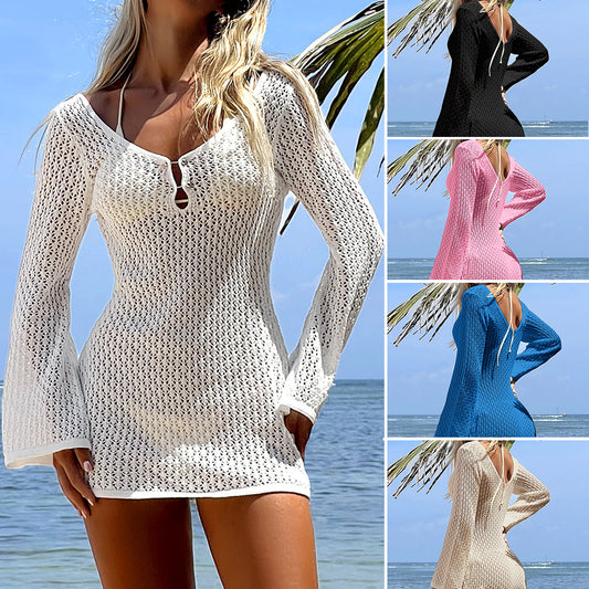 Hollow Out Textured V Neck Short Dress With Round Buttons And Long Sleeves Sun Protective Backless Design