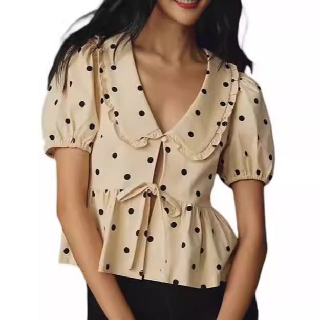 Summer Polka Dot Plaid Solid Color Short Sleeve Lace Up Peter Pan Collar Shirt