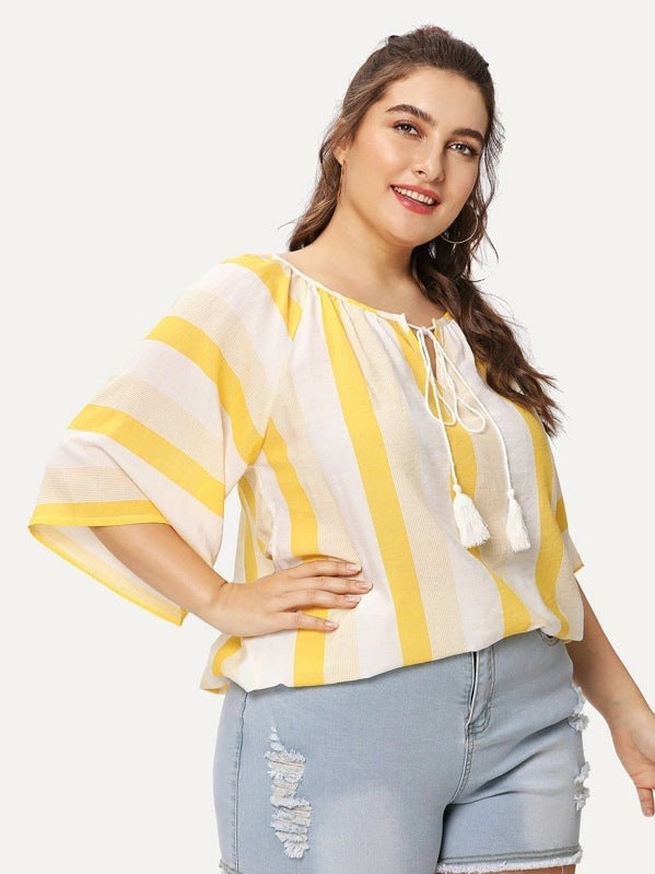 Women's Striped Half Sleeve Top Loose Crew Neck Fringe Belted Shirt