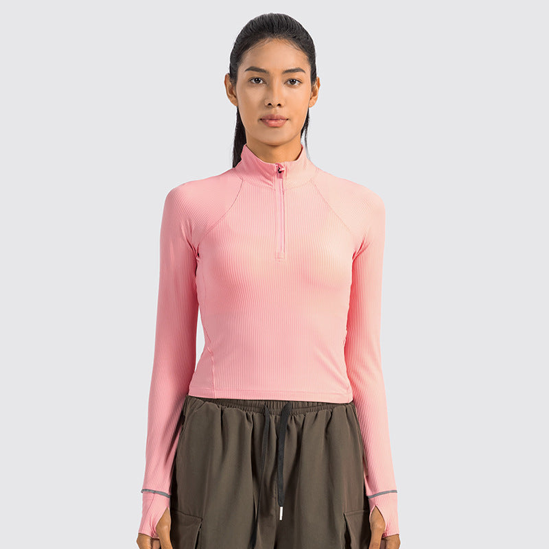 Short Autumn And Winter Half Zipper Sports Long Sleeve Women's Stand Collar Windproof Warm Safety Reflective Strip Workout Clothes