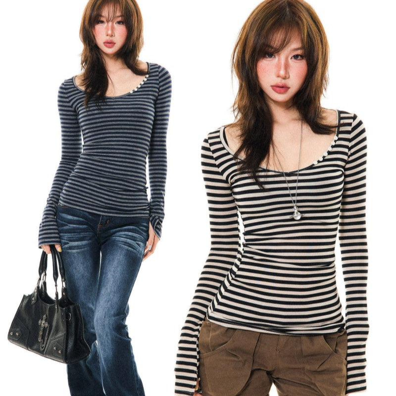 Womens Slim-Fit Long-Sleeve Striped T-Shirt In American Style