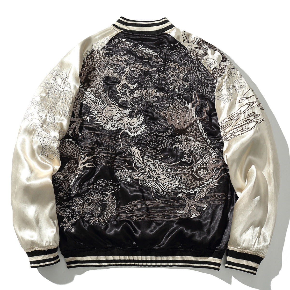 Reversible Casual Embroidered Baseball Jacket With A Double Dragon And Pearl Design