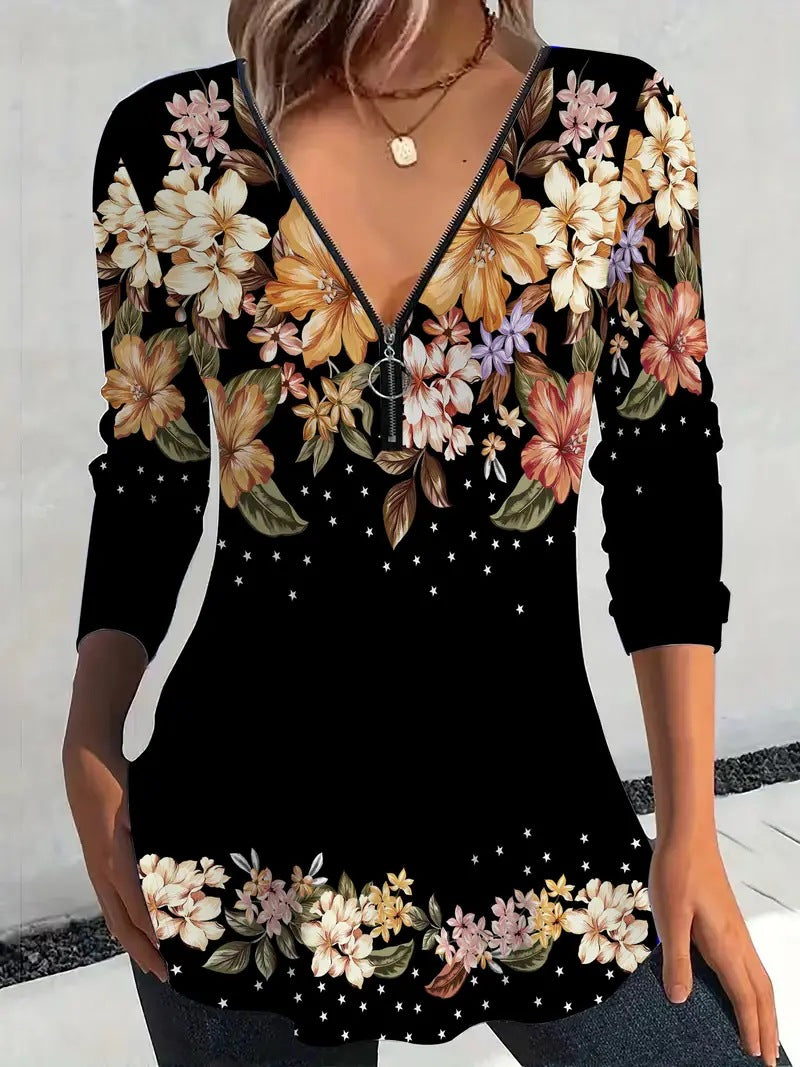 V-neck Zipper Floral Print Long Sleeve Women's Top