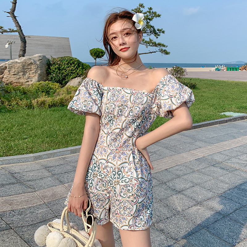 Printed One Piece Women's Thin Square Neck Shorts