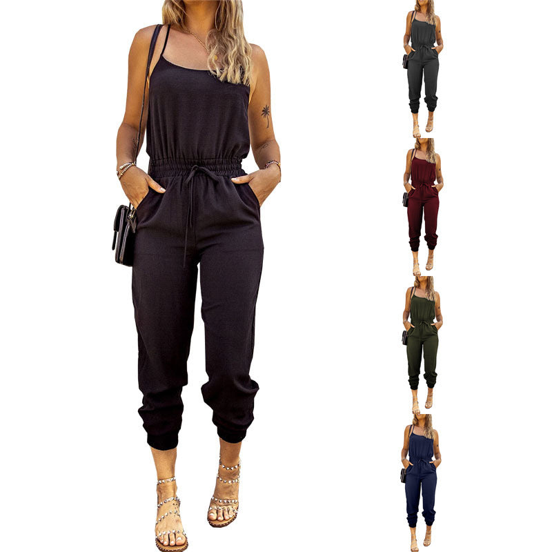 Slim Fit Cropped Pencil Pants Tie Elastic Waist Suspender Jumpsuit