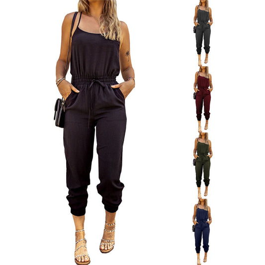 Slim Fit Cropped Pencil Pants Tie Elastic Waist Suspender Jumpsuit