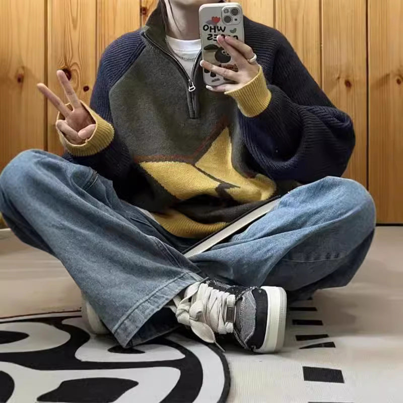 XINGX Jacquard Casual Contrast Color Loose Sweater