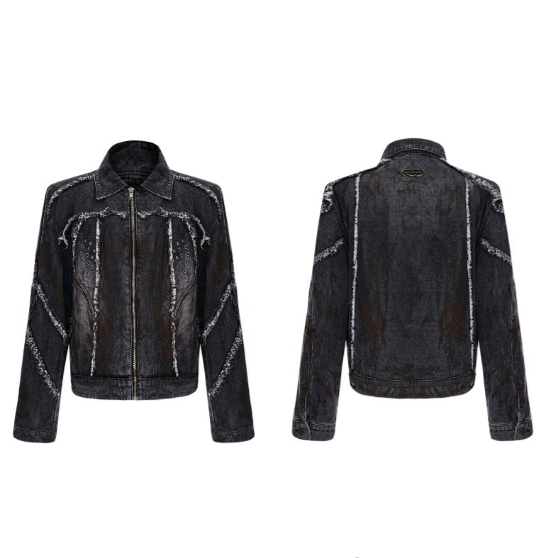 Raw Edge Splash-dyeing Distressed Padded Shoulder Denim Coat