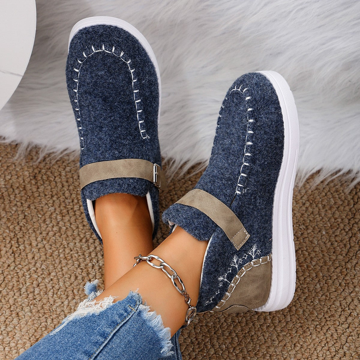 Thick Burr Warm Flat Bottom Cotton Shoes