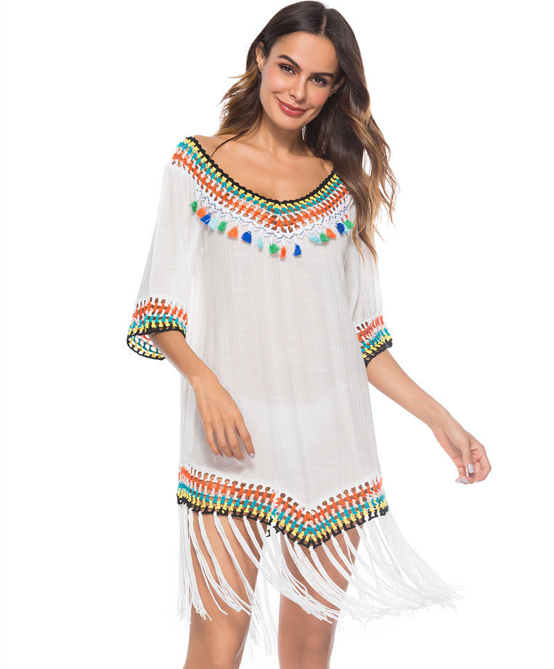 Hollow-out Rainbow Tassel V-Neck Hand Hook Beach Blouse
